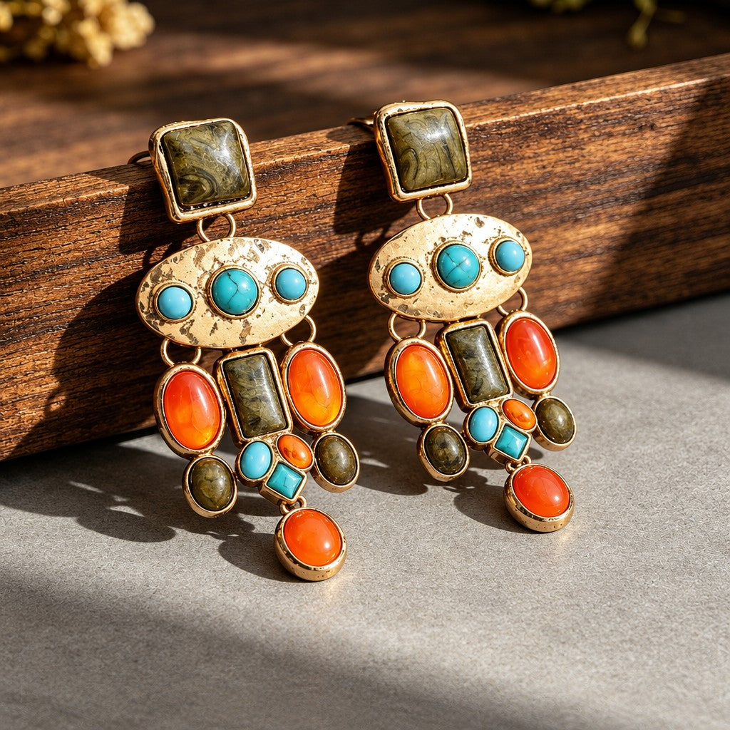 Boho Vintage Multi-Stone Drop Earrings