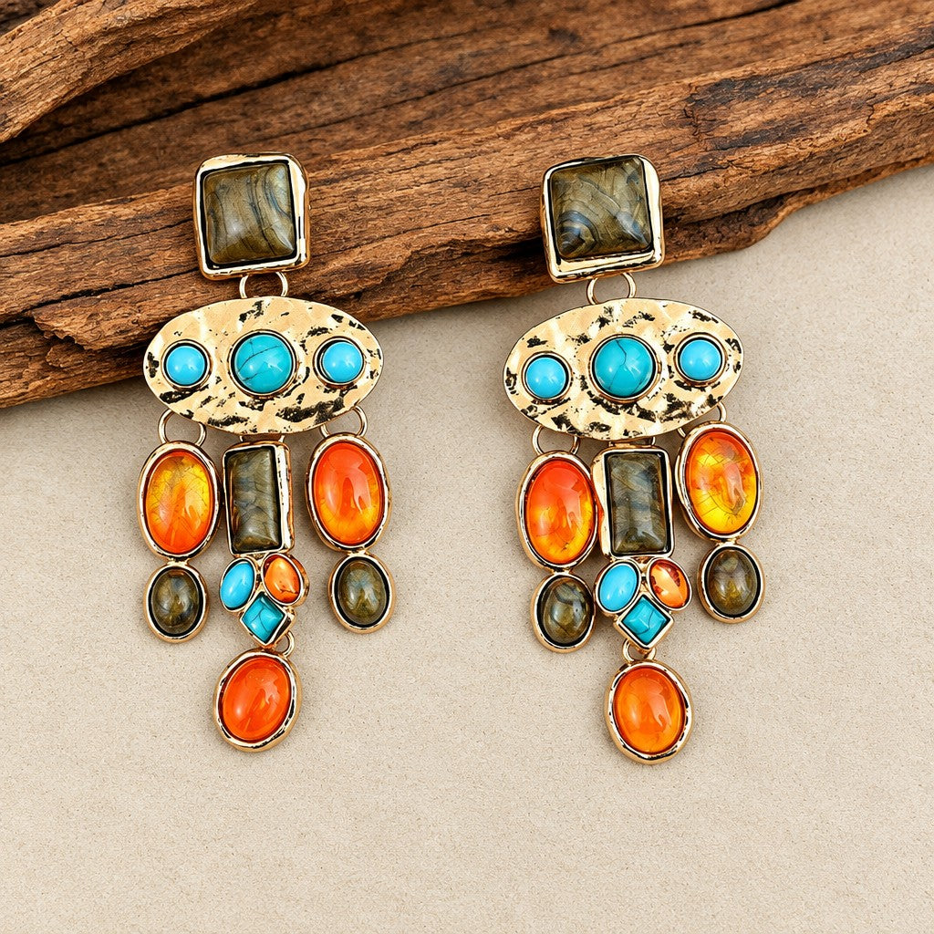 Boho Vintage Multi-Stone Drop Earrings