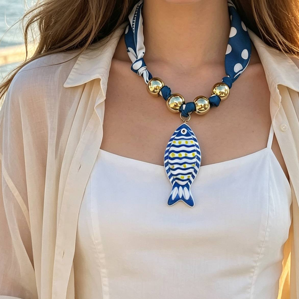 Boho Polka Dot Scarf Fish Necklace