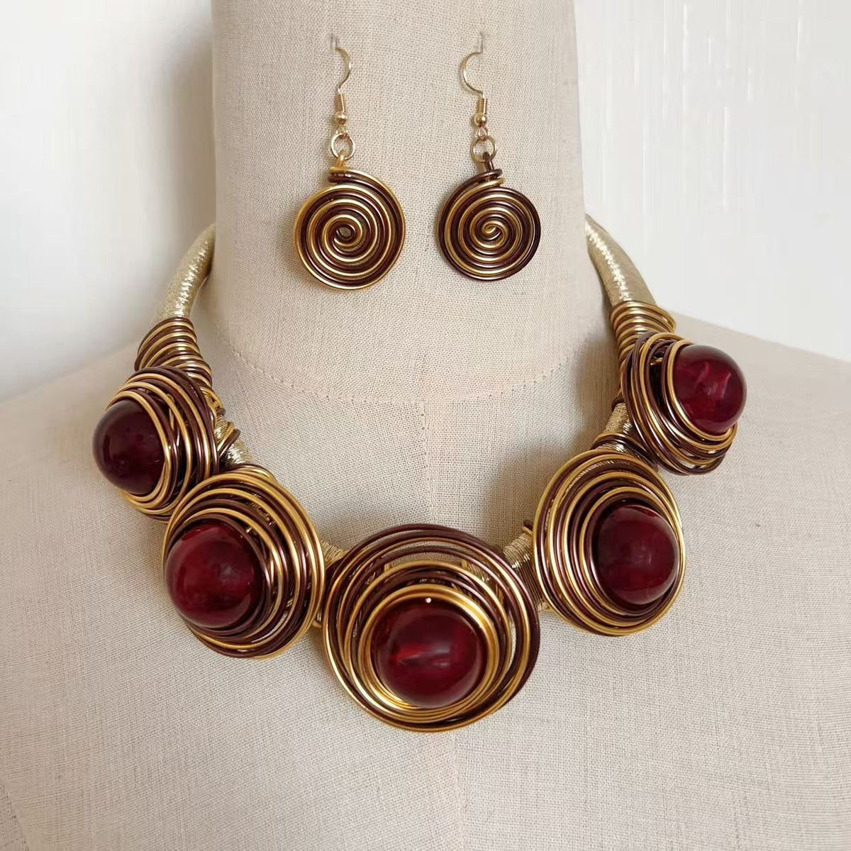 Boho Woven Spiral Necklace and Earrings Set