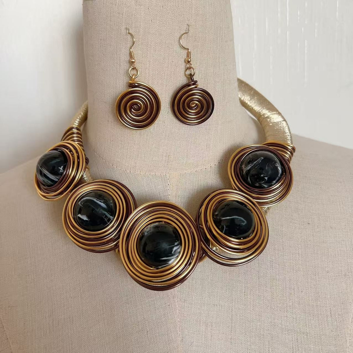 Boho Woven Spiral Necklace and Earrings Set