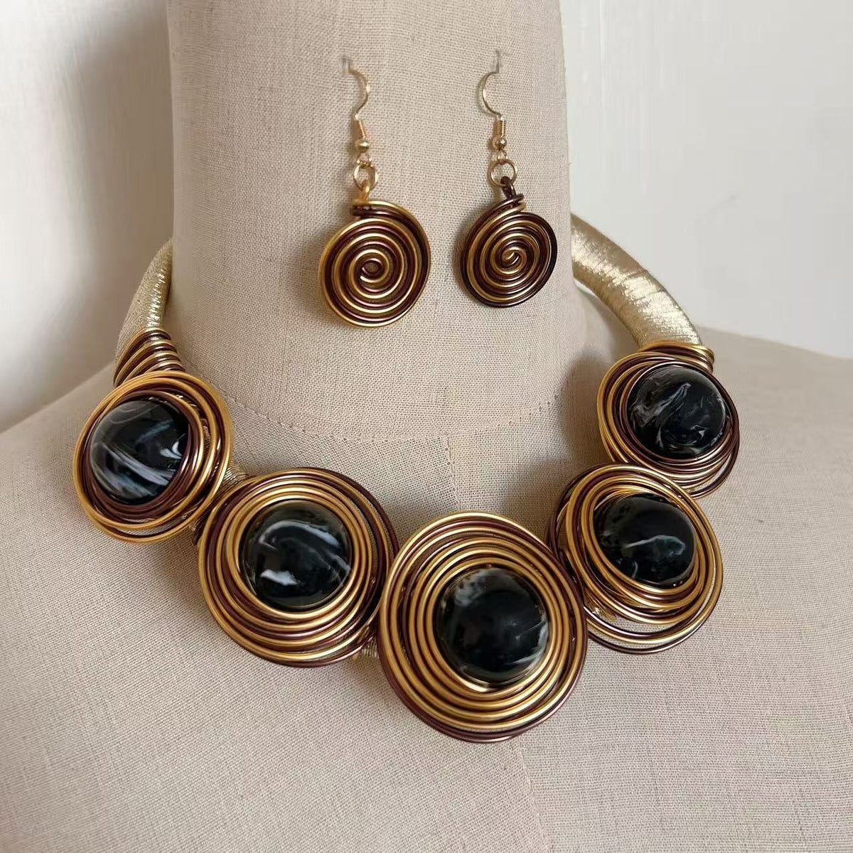 Boho Woven Spiral Necklace and Earrings Set