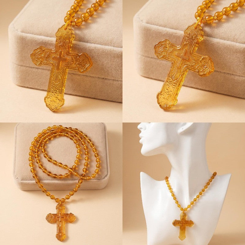 Boho Amber Glass Bead Cross Necklace