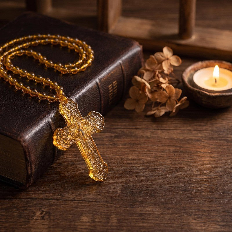 Boho Amber Glass Bead Cross Necklace