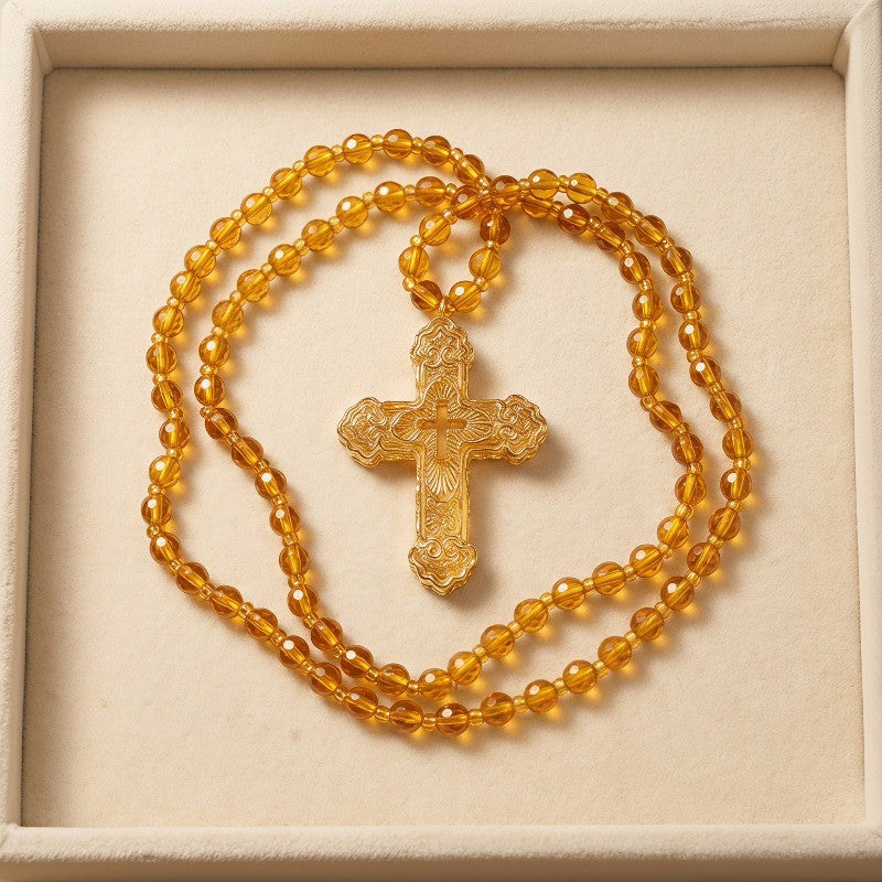 Boho Amber Glass Bead Cross Necklace