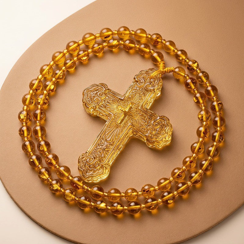 Boho Amber Glass Bead Cross Necklace