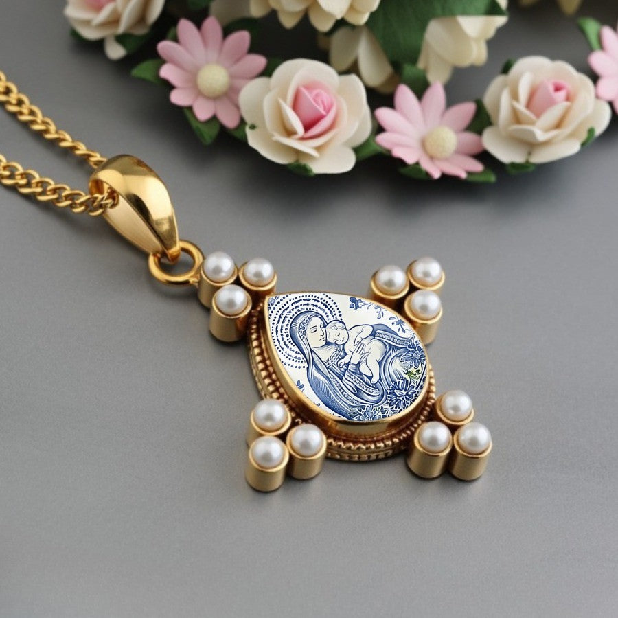 Boho Blue Porcelain Virgin Mary Necklace