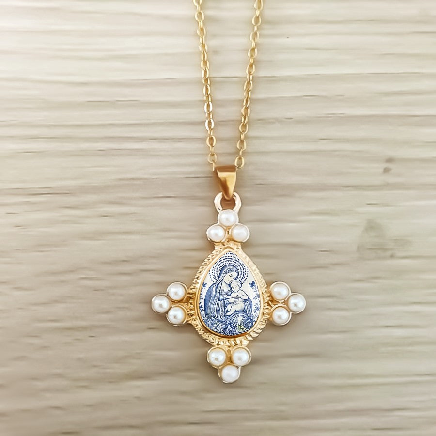 Boho Blue Porcelain Virgin Mary Necklace