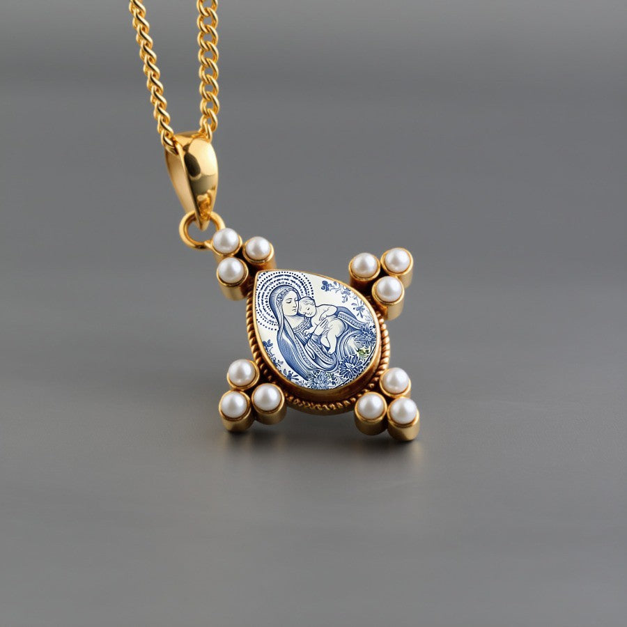 Boho Blue Porcelain Virgin Mary Necklace