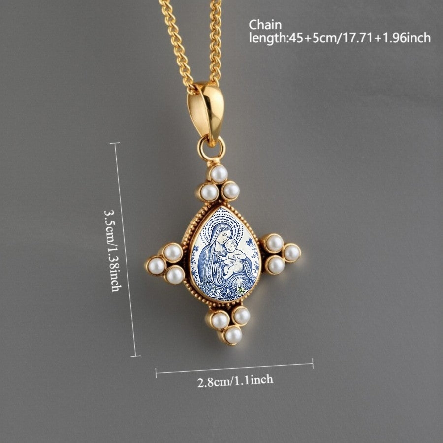 Boho Blue Porcelain Virgin Mary Necklace
