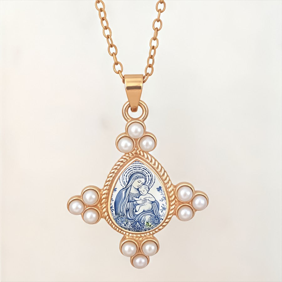 Boho Blue Porcelain Virgin Mary Necklace