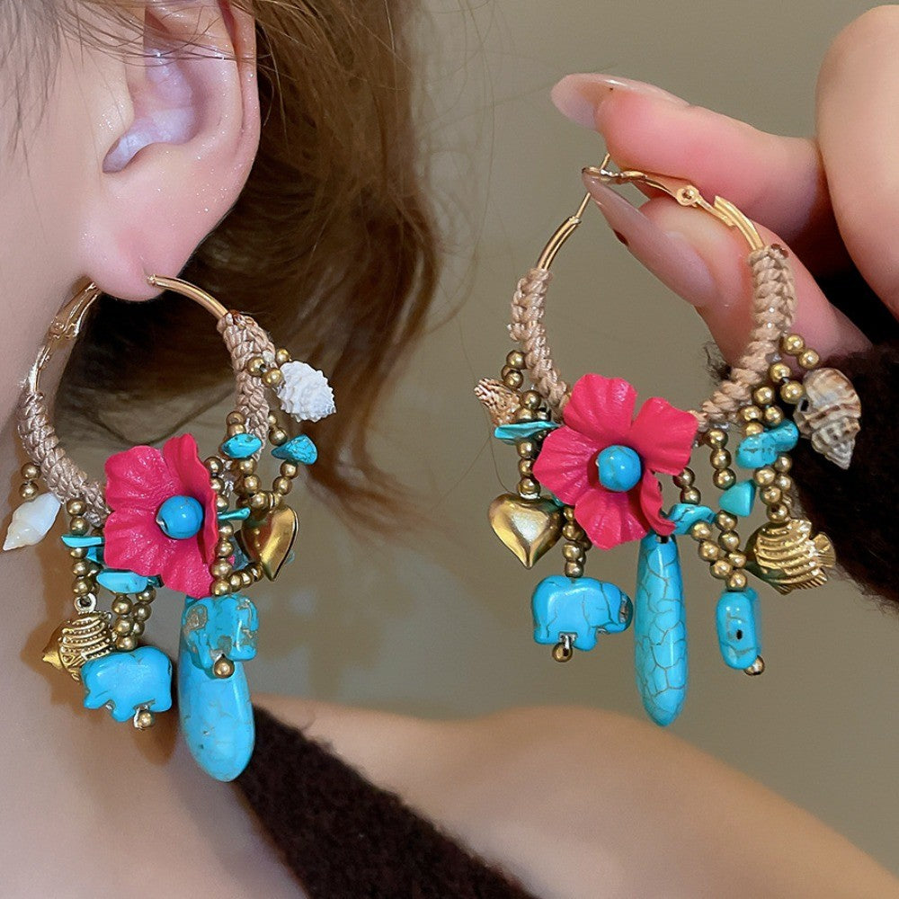 Boho Woven Floral Elephant Hoop Earrings