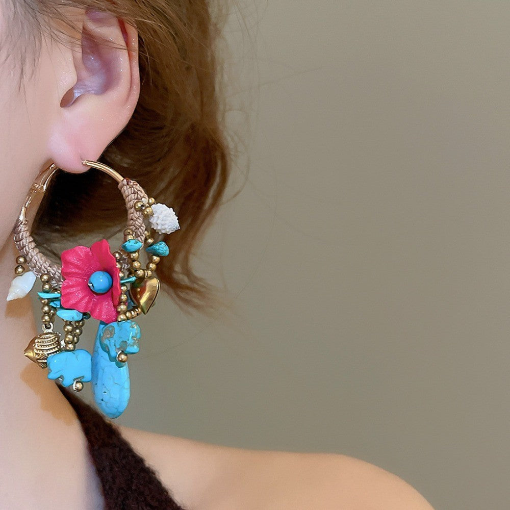 Boho Woven Floral Elephant Hoop Earrings