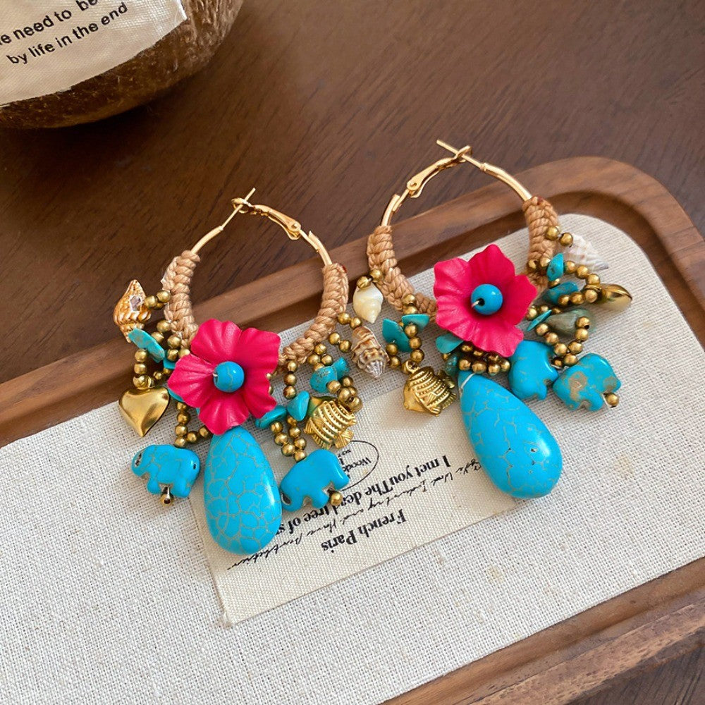 Boho Woven Floral Elephant Hoop Earrings