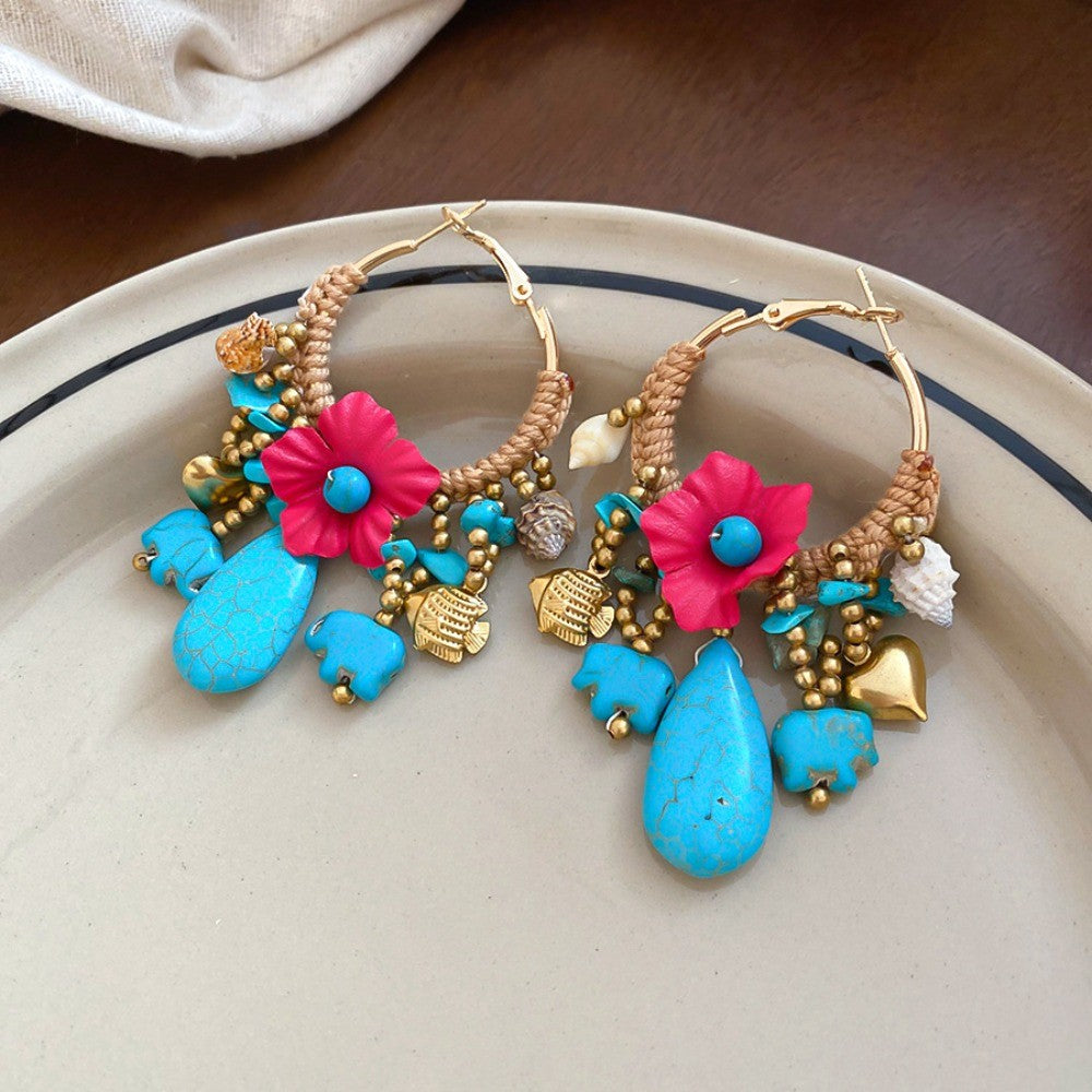 Boho Woven Floral Elephant Hoop Earrings