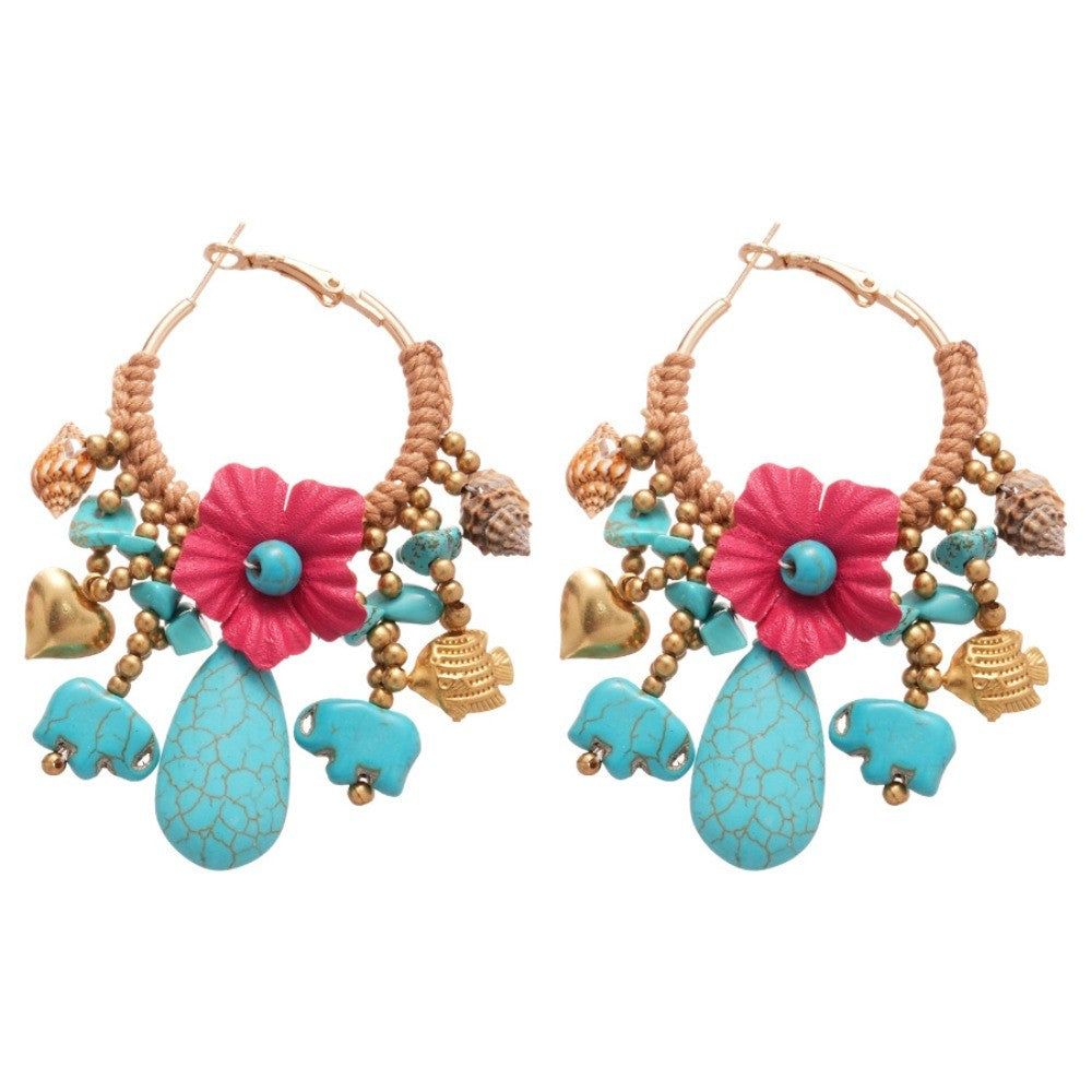 Boho Woven Floral Elephant Hoop Earrings