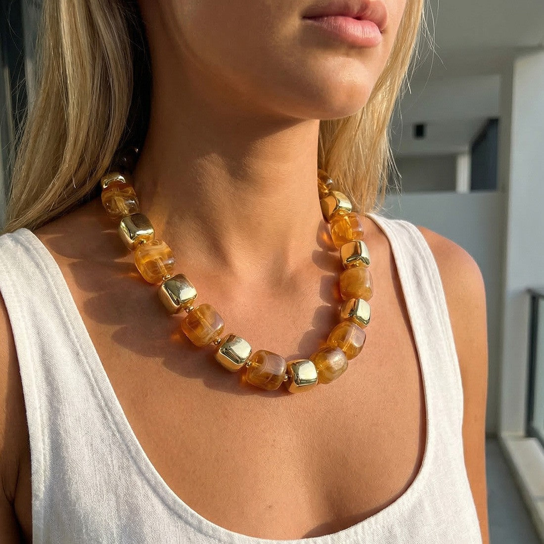 Boho Amber Cube Bead Necklace