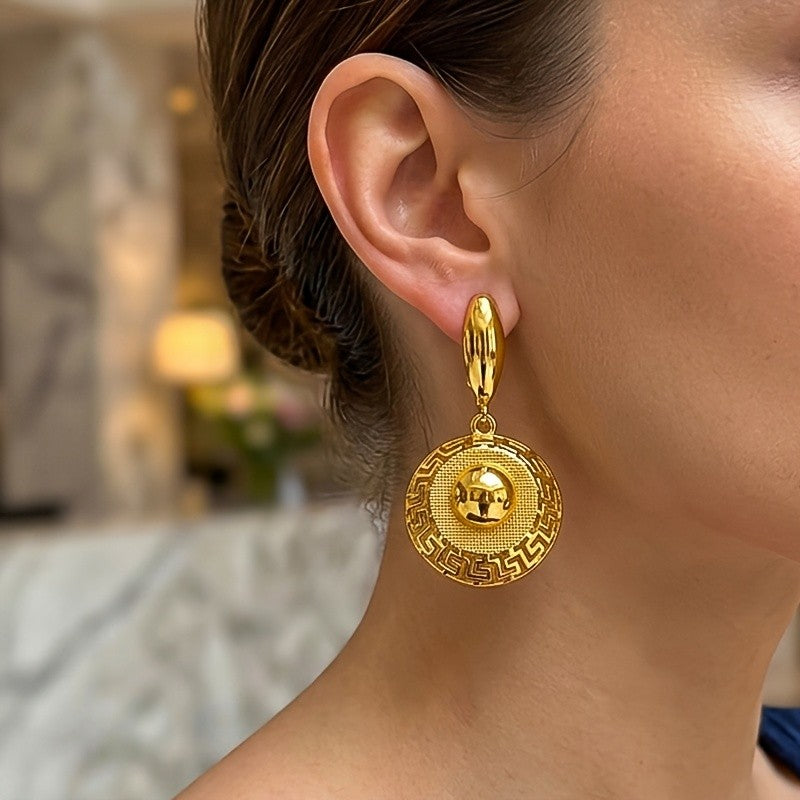 18k Vintage Greek Key Disc Earrings