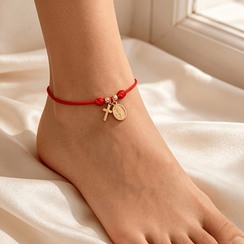 Dainty Red Rope Cross Anklet