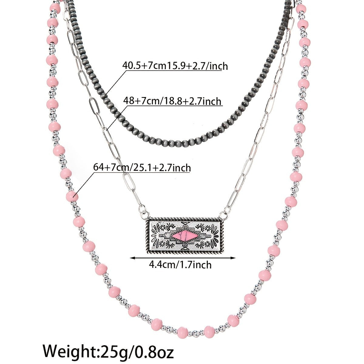 Boho Pink Beaded Layered Necklace Set