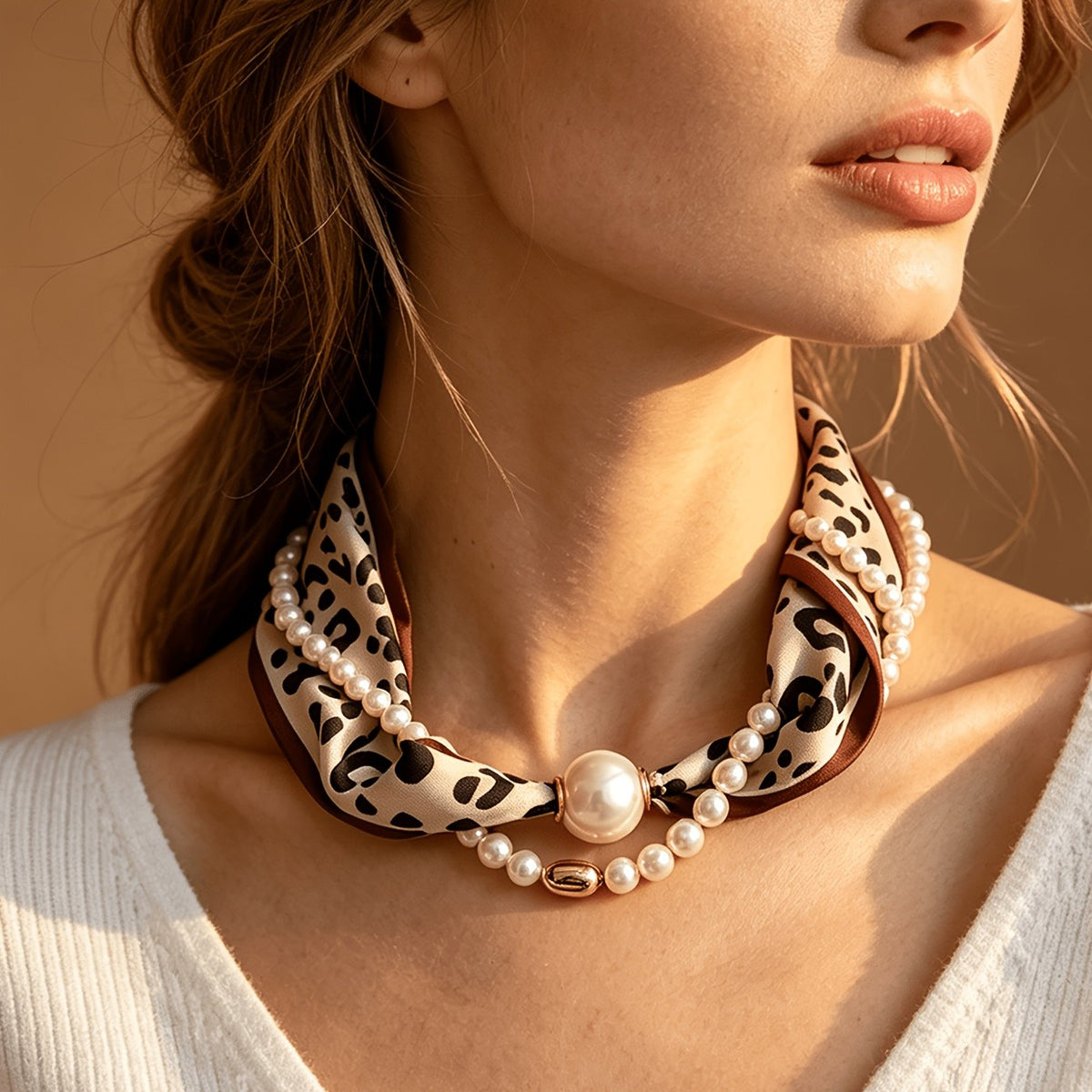 Boho Leopard Print Scarf Pearl Necklace