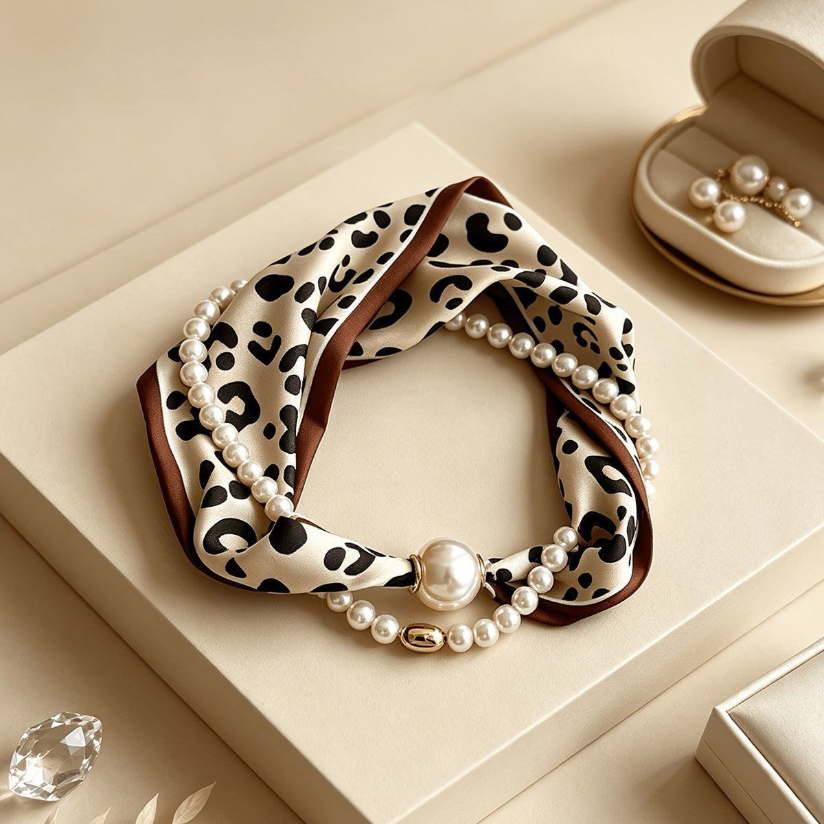 Boho Leopard Print Scarf Pearl Necklace