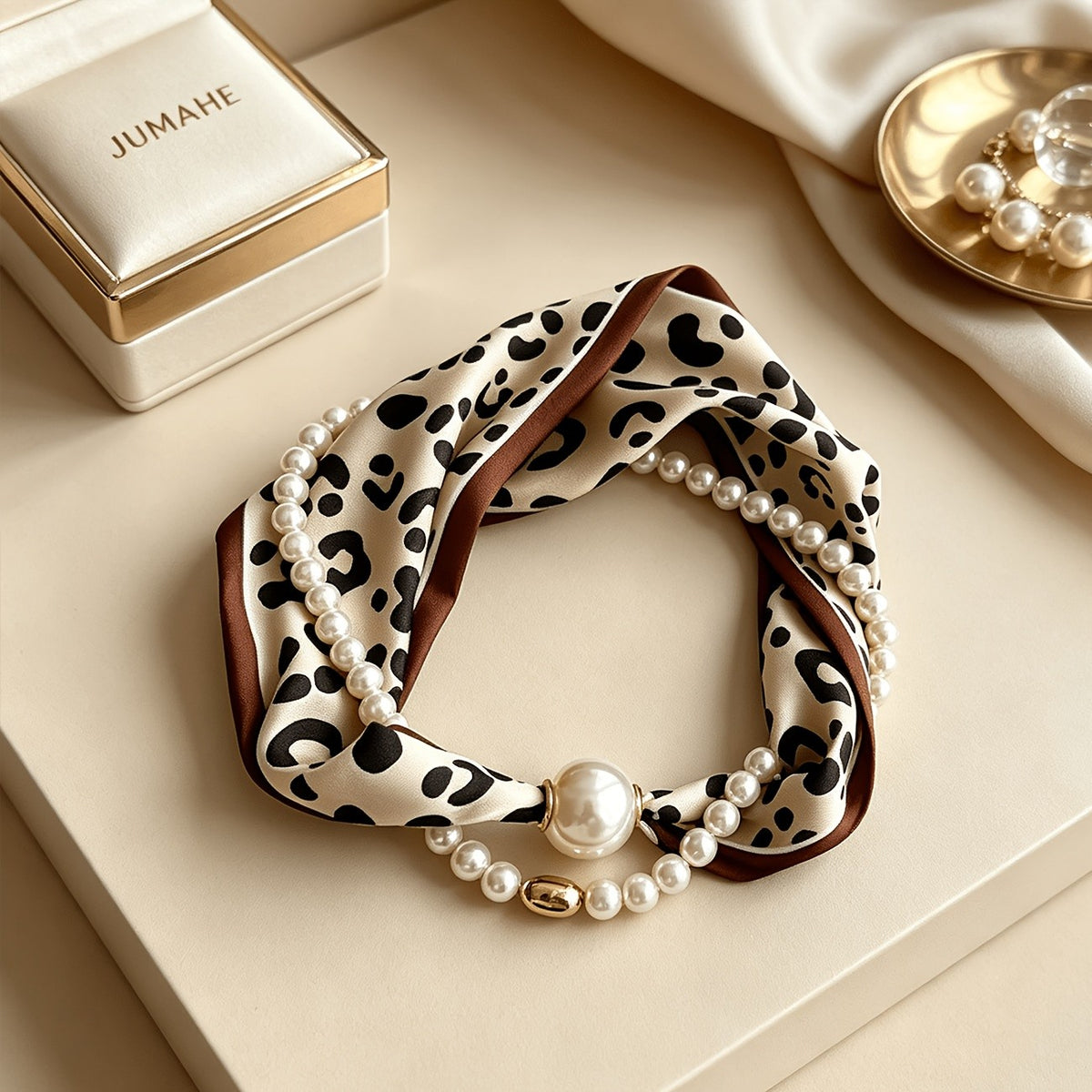 Boho Leopard Print Scarf Pearl Necklace