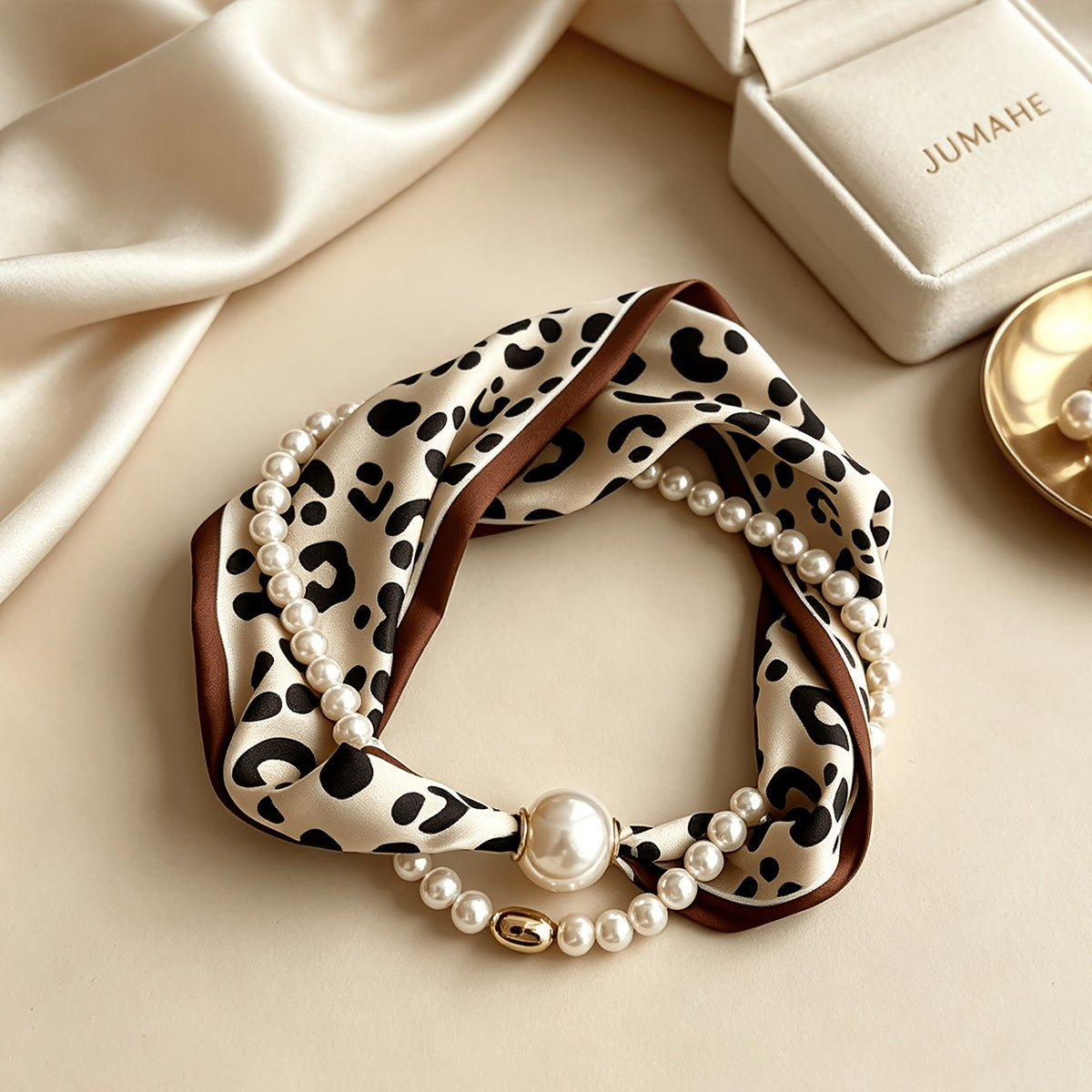 Boho Leopard Print Scarf Pearl Necklace