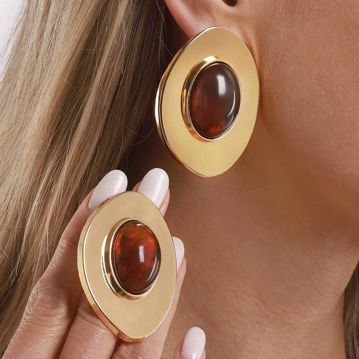 18k Vintage Amber Oval Stud Earrings