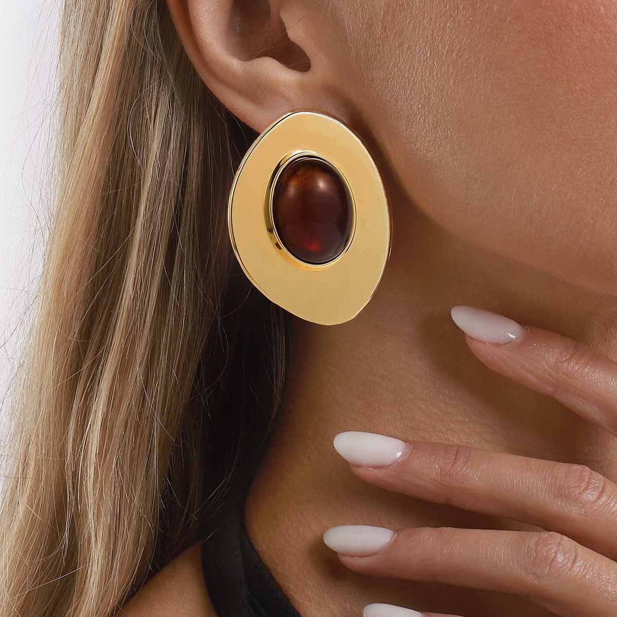 18k Vintage Amber Oval Stud Earrings