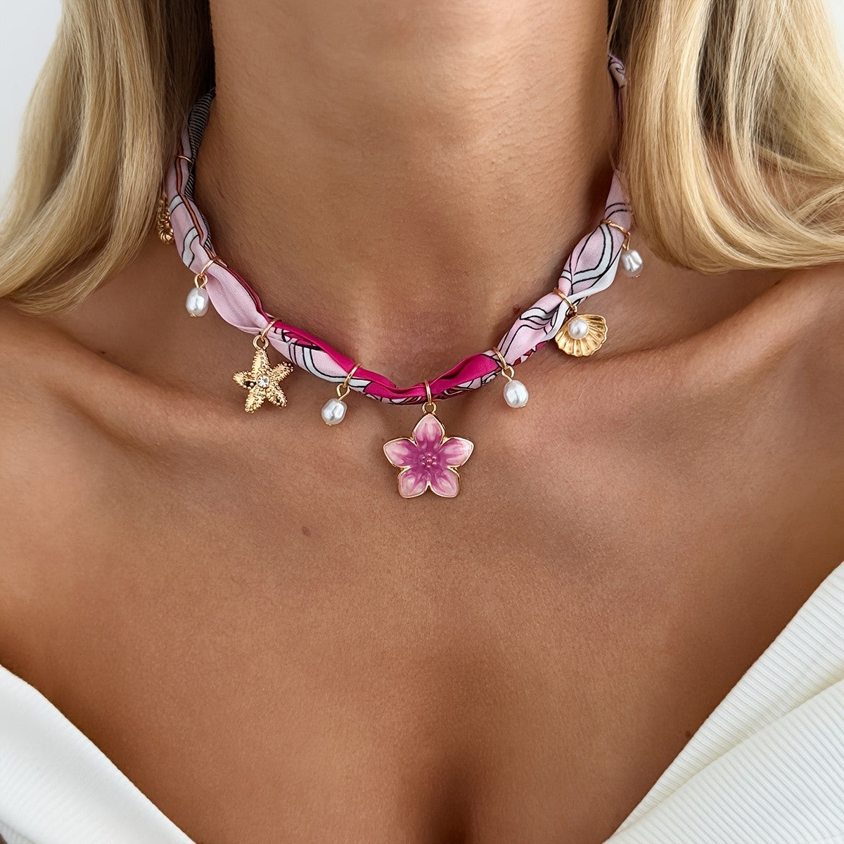 Boho Pink Floral Scarf Choker Necklace