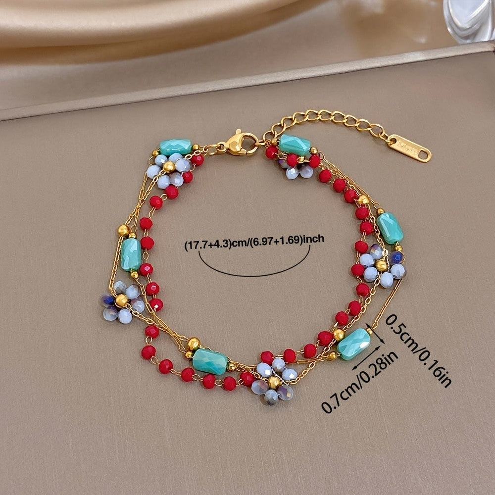18k Boho Turquoise Floral Beaded Bracelet