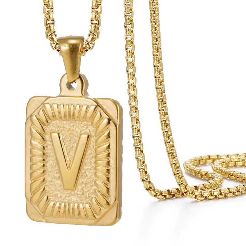 Textured Rectangle Letter Initial Necklace - Veinci