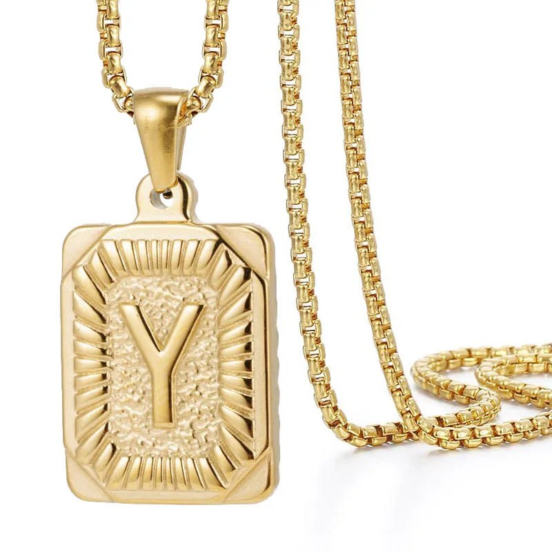 Textured Rectangle Letter Initial Necklace - Veinci