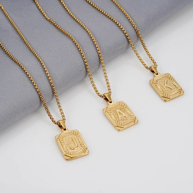 Textured Rectangle Letter Initial Necklace - Veinci