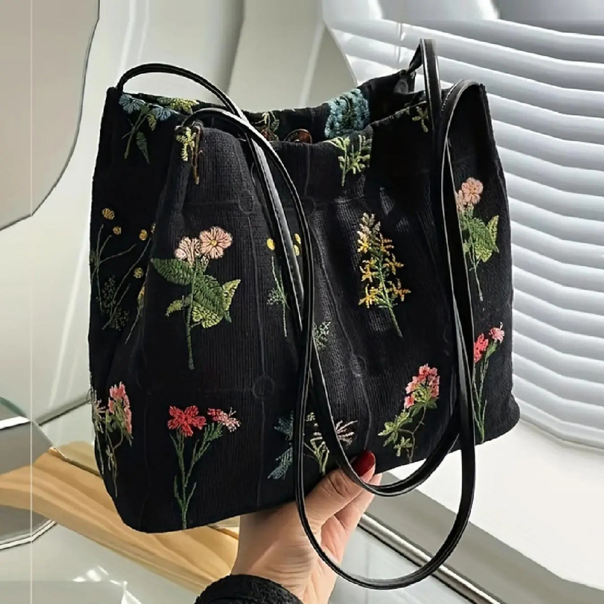 Boho Floral Embroidered Canvas Tote