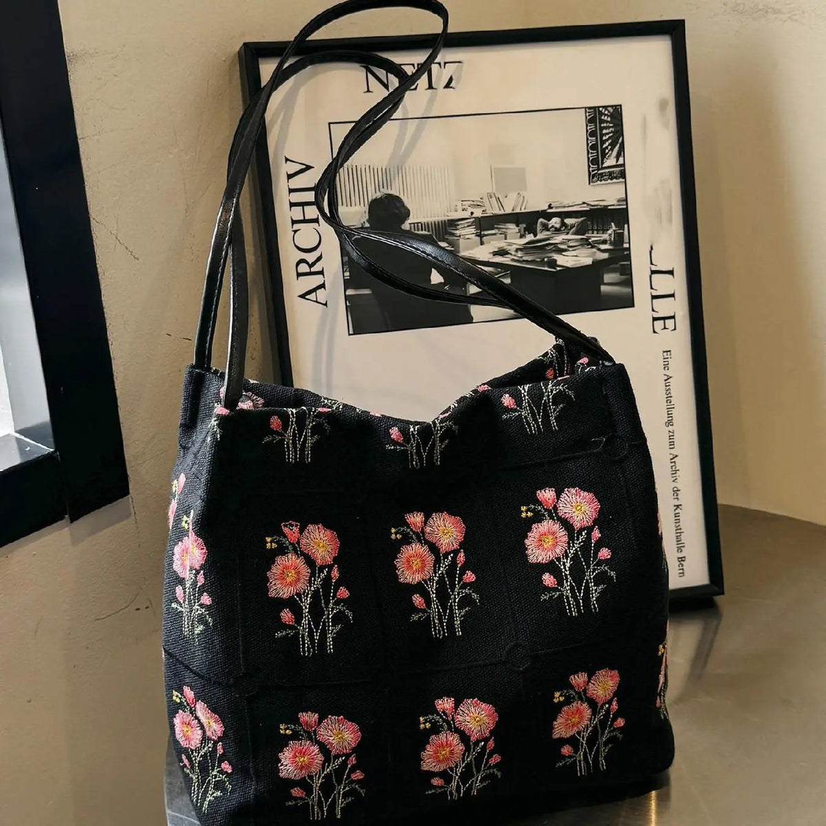 Boho Floral Embroidered Canvas Tote
