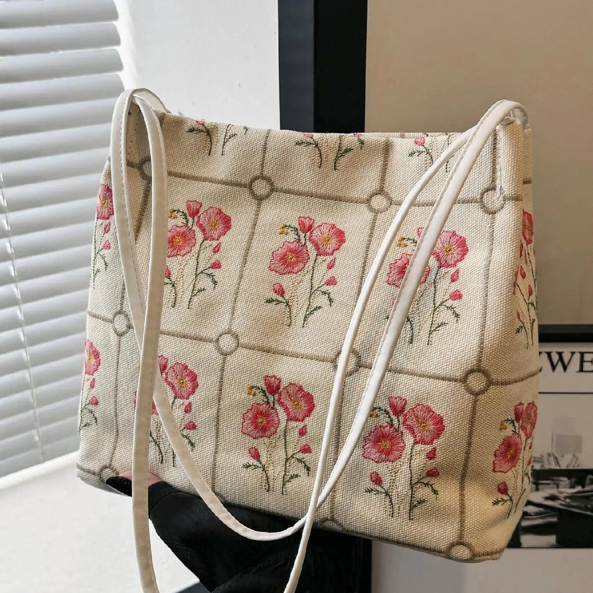 Boho Floral Embroidered Canvas Tote