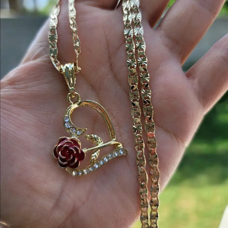 Elegant Red Rose Heart Necklace
