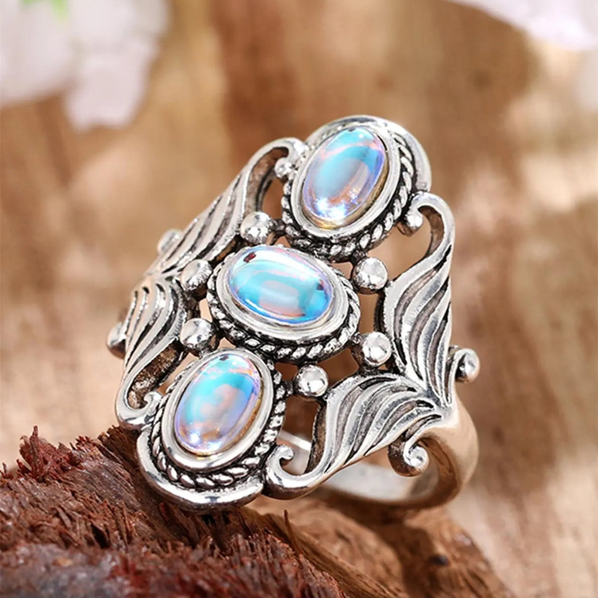 Elegant Vintage Moonstone Triple Ring