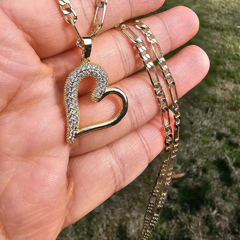 Romantic Paved Heart Figaro Necklace