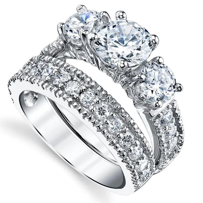 S925 Romantic 3-Stone Bridal Ring Set
