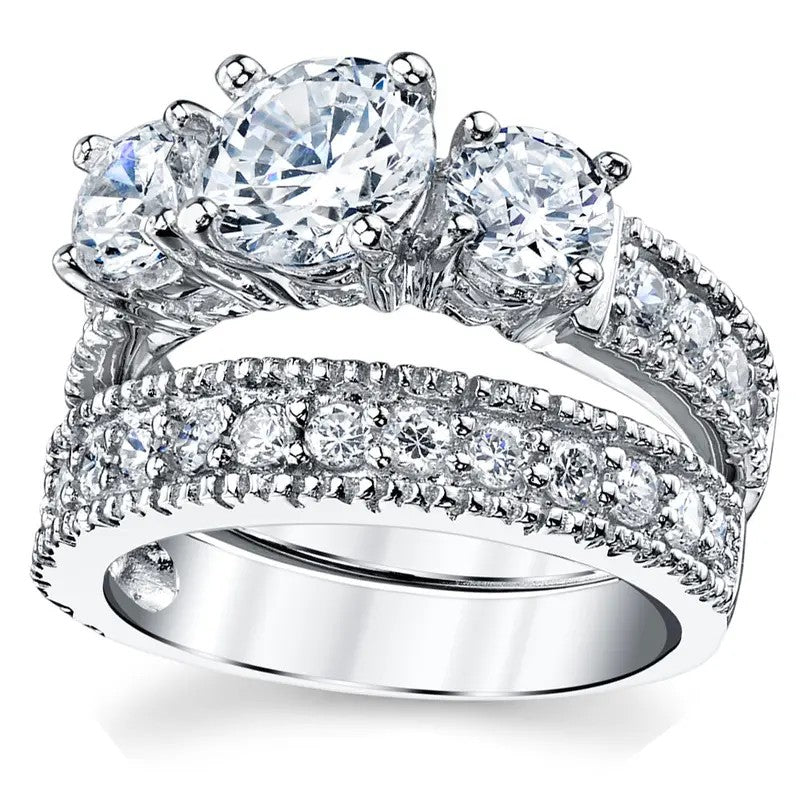 S925 Romantic 3-Stone Bridal Ring Set