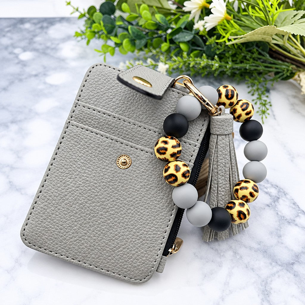 Chic Leopard Bead Card Holder & Keychain Set