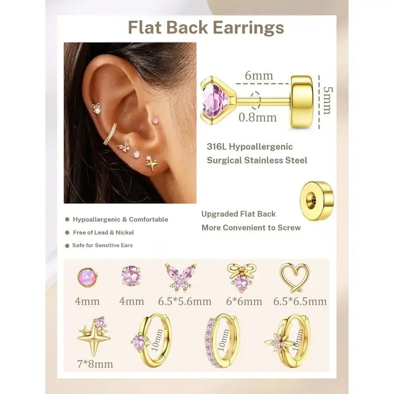 14k Dainty Pink Gem Flat Back Earring Set