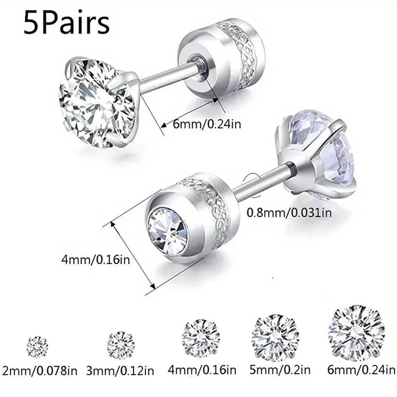 5pc Dainty Round CZ Stud Earring Set
