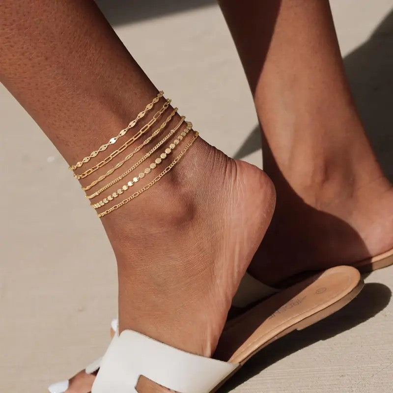 6pc Dainty Layered Link Anklet Set