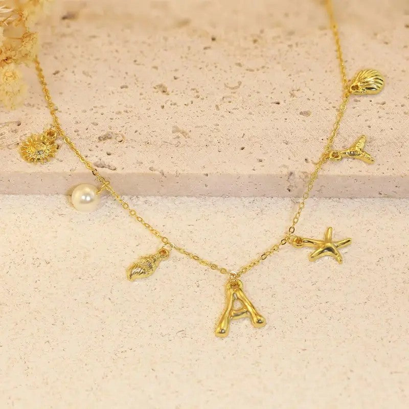 Dainty Beach Charm Initial Necklace