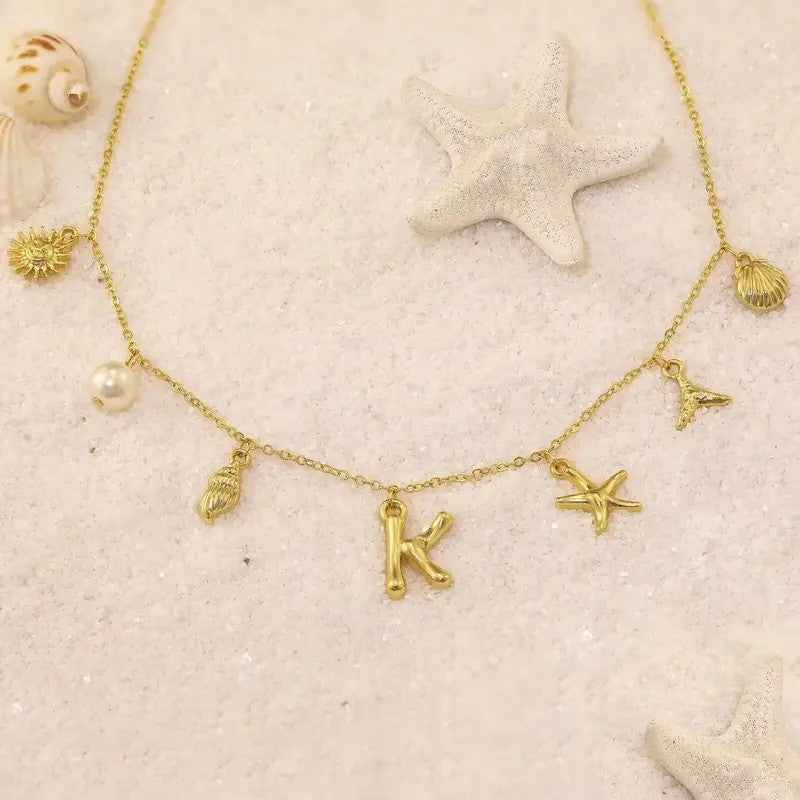 Dainty Beach Charm Initial Necklace