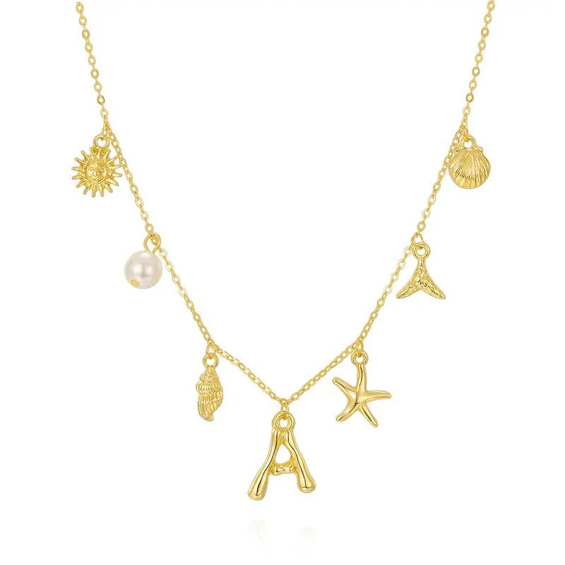 Dainty Beach Charm Initial Necklace